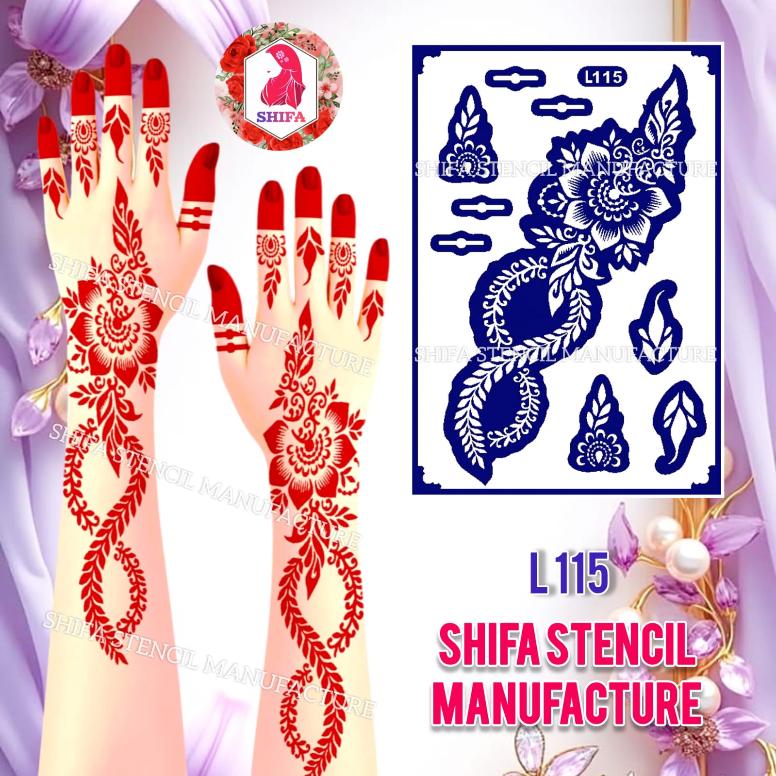 L 115 Intricate Petal Lattice Sticker overview Henna Stencil - Shifa Stencil